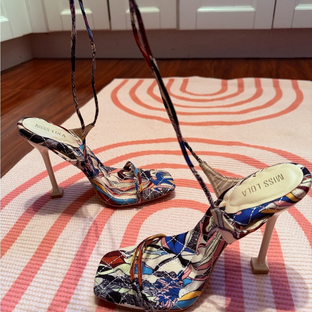Miss Lola Multicolor Floral Lace-Up Stiletto Sandals - Picture 3 of 8